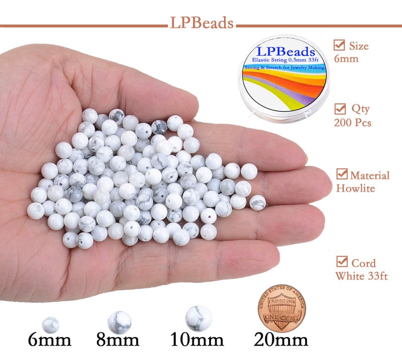LPBeads 200Pcs Polished 6mm Round Natural White Howlite Gemstone Loose Beads with Stretch Cord for Jewelry Making Bracelets - Image 2